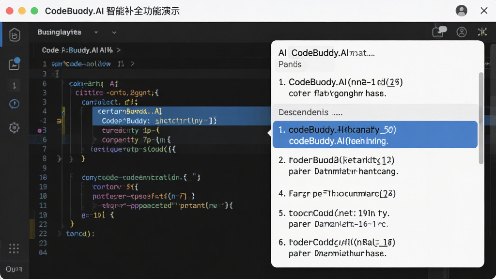 ���壺CodeBuddy.AI���ܲ�ȫ������ʾ����ʾ����༭��������������룬AI�Զ�������ȫ�����б������֣�����Ǵ���༭�����Ҳ��ǲ�ȫ���鸡�����Ű棺��ȫ���鰴���Ŷ����򣬸�����ǰѡ�����񣺽�����ˬ���������������ϸ�ڣ������б��а������������������ͺͼ��˵�������ʣ����壬�ɾ����޶���Ԫ�ء�