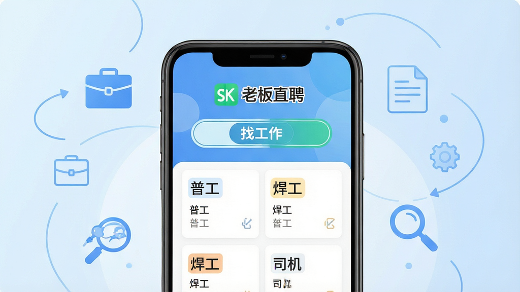 ���壺�ֻ���Ļչʾ���ϰ�ֱƸ��APP���棬����������ʾ���ϰ�ֱƸ��LOGO�͡��ҹ�������ť�����֣��ֻ����У�����Ϊ����ɫ���䣬��Χ�м���������ͼ��Ԫ�أ��繫�İ����Ŵ󾵡��Ű棺����UI����ִ���ͼ���������룬���ֱ�ǩ��������񣺱�ƽ����ƣ�ɫ�����죬�Ƽ������׺������档ϸ�ڣ���Ļ����ʾ����ְλ��Ƭ���С��չ�����������������˾������������ͻ��������Ƹ��ɫ�����ʣ�8K�ֱ��ʣ��ɾ����޶���Ԫ�ء�