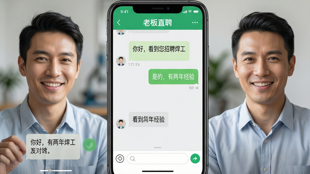 ���壺�����û�ͨ�����ϰ�ֱƸ��APP���жԻ����Ի���������ʾ����ã���������Ƹ�����������ǵģ������꾭�顱�����֡����֣����ҷ������������ְ�ߣ��Ҳ�����Ƹ�ϰ壬�м��ǷŴ��������档�Ű棺���������������Ϣ�������������дʵ�����UI��ϣ������黯��ͻ��������������ݡ�ϸ�ڣ�����������ã��ֻ������С��ϰ�ֱƸ���������Ի����ݻ������档���ʣ����壬�ɾ����޶���Ԫ�ء�