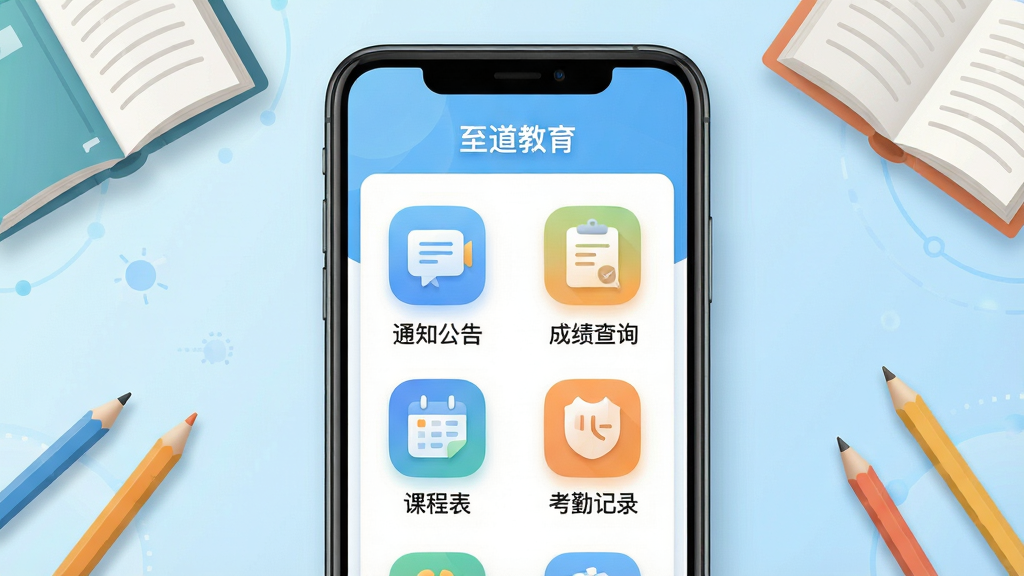 ���壺����������������ƽ̨APP����չʾ���ֻ���Ļ��ʾ����ҳ������ģ�飬������֪ͨ���桱���ɼ���ѯ�����γ̱��������ڼ�¼����ͼ�꣬����Ϊǳ��ɫ���䣬�Ϸ��С��������������������֣����й�ͼ���ֻ�ģ��ռ�������壬��Χ��׺�鱾��Ǧ�ʵ�ѧϰԪ�أ��Ű棺����ͼ���������У�������������񣺱�ƽ����ƣ�ɫ�����죬�����Ƽ��У�ϸ�ڣ��ֻ���Ļ���ݱ��棬ͼ��Բ����Ӱ��Ȼ�����ʣ�������Ⱦ���ɾ����޶���Ԫ��