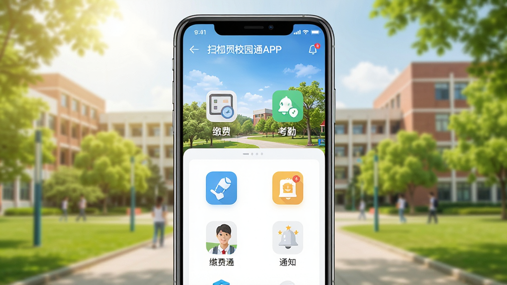 һ��չʾɨ��У԰ͨAPP�������ֻ������еĽ����ͼ������Ļ��ʾ�ɷѡ����ڡ�֪ͨ�Ⱥ��Ĺ���ͼ�꣬����Ϊ������У԰��ѧ¥������������ɫ�����£����沼���������ִ���ƽ����Ʒ�񣬻��ʸɾ����޶���Ԫ��