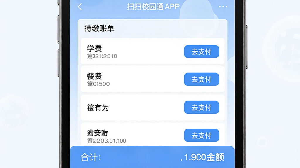 չʾɨ��У԰ͨAPP�Ľɷ�ҳ�棬ҳ�涥����ʾ�������˵����б�������ѧ�ѡ��ͷѵ���Ŀ��ÿ����Ŀ�Ҳ��С�ȥ֧������ť���ײ��кϼƽ�����Ϊ����ɫ���䣬������ɾ����ִ��ƶ���UI��ƣ������������޶���Ԫ��
