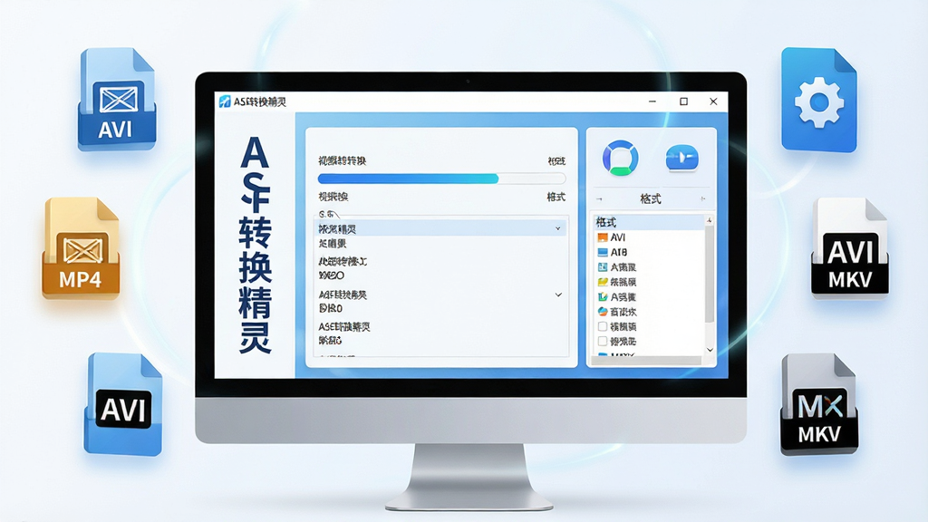 ���壺һ̨������ʾ������ʾ��ASFת�����顱�����棬����������Ƶת���������͸�ʽ�б������֣���ʾ�����У���Χ��������MP4��AVI��MKV��ʽͼ�꣬�������������Ű棺������������ơ�ASFת�����顱�������У��Ҳ�Ϊ����ͼ�껷�ơ�����ִ���ƽ����ƣ��Ƽ������ɫΪ��ɫ����������͹�Ӱ��ϸ�ڣ�����ɾ����޶���Ԫ�أ�ͻ��ת�����ߵĸ�Ч�����á����ʣ�4K������Ⱦ��ϸ������������㡣