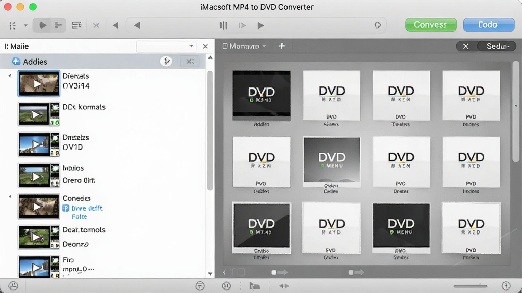 һ��չʾiMacsoft MP4 to DVD Converter����������ĸ����ͼ�����沼�ּ�࣬���Ϊ��Ƶ�����б����Ҳ�ΪDVD�˵�ģ��Ԥ������������ת���Ϳ�¼��ť��������רҵ���ִ������ʸɾ����޶���Ԫ�ء�