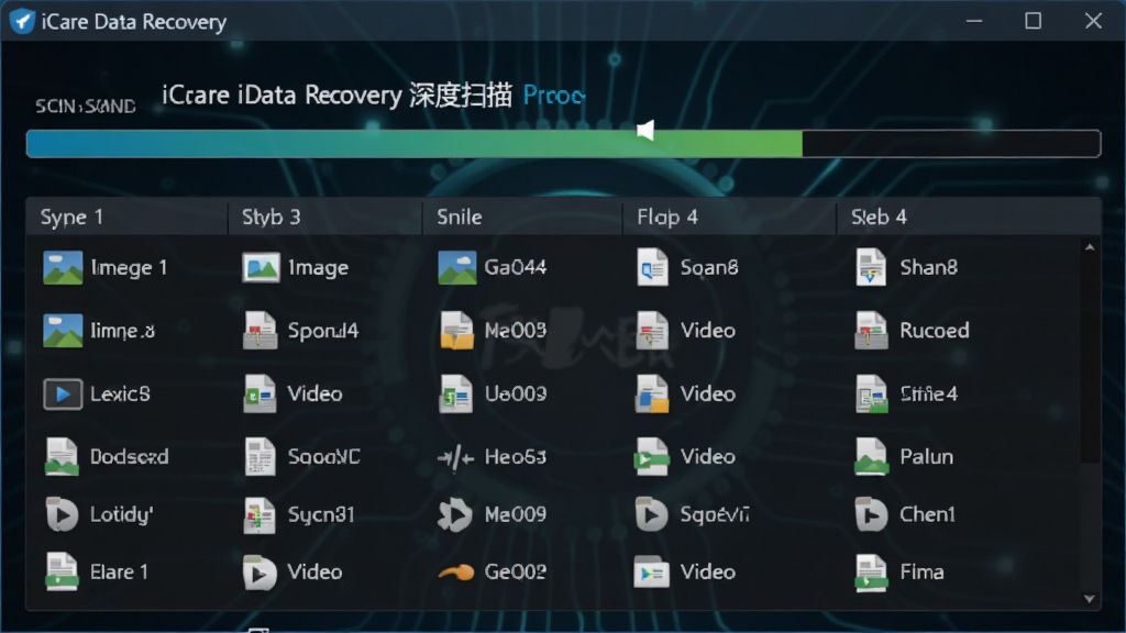 һ��չʾiCare Data Recovery���ɨ����̵Ľ����ͼ����������ʾɨ������������ҵ����ļ��б����ļ����Ͱ���ͼƬ���ĵ�����Ƶ�ȣ�����Ϊ��ɫ�Ƽ���񣬽��������ʾɨ����ȣ������������޶���Ԫ�أ�ͼƬ�����ֱ�ע