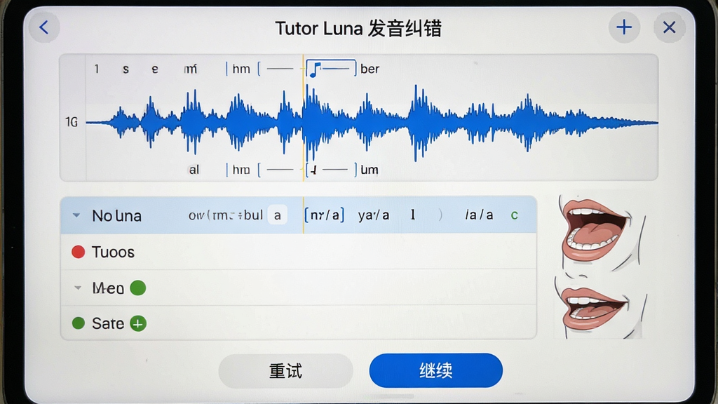 չʾTutor Luna�����������棬�Ϸ�Ϊ����ͼ��ʾ�û��������·�Ϊ�����б���ÿ���������к�ɫ����ɫ��ǣ��ײ�Ϊ�����ԡ��͡���������ť����������԰�ɫΪ����������ɫ������ϸ�ڰ������ڲ��Ϳ���ʾ��ͼ�����������ɾ����޶���Ԫ��