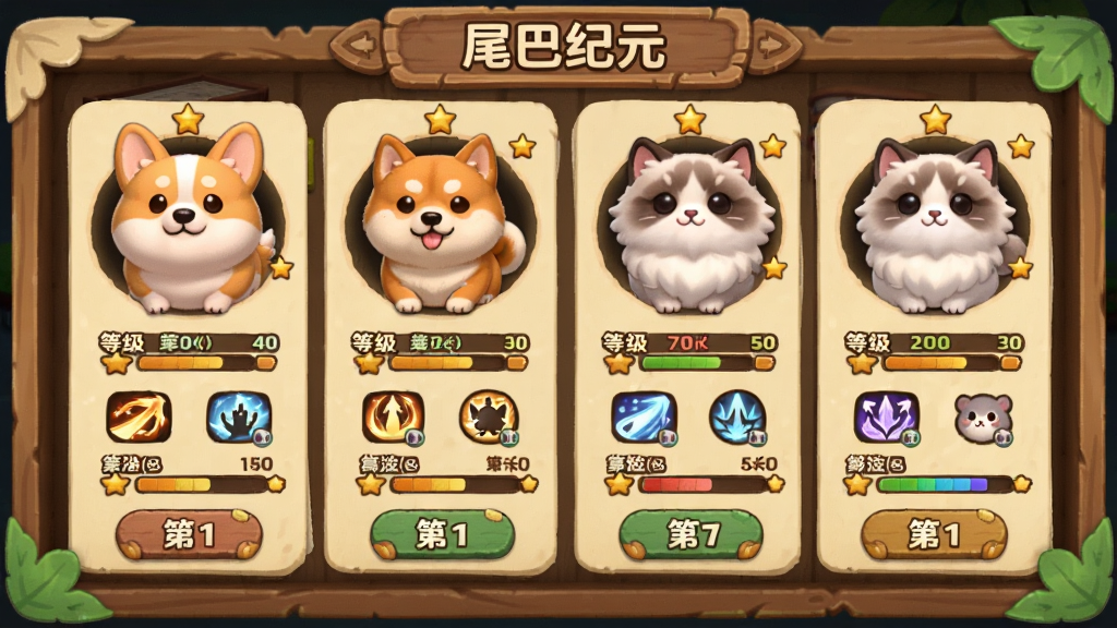 ���壺��β�ͼ�Ԫ����Ϸ��β��ͼ�����棬չʾһ��Բ�����Ŀ»�����Ȯ����żè���ȳ裬ÿ����ɫ�·��еȼ��ͼ���ͼ�꣬������ľ�ʵ�ͼ����ܡ����֣�������ù������У���ɫͷ����У��·����������Ͱ�ť������Գơ��Ű棺��Ϣ�㼶��������ɫ��ͼΪ������������˵������ֵ�������Q�濨ͨUI��ɫ�����ޣ���ťԲ����ľ������װ�Ρ�ϸ�ڣ�ÿֻβ��ͷ�����Ǽ���ǣ�ͼ��ҳ�߽�����Ҷװ�Ρ����ʣ�����ϸ�壬�ɾ��޶���Ԫ�ء�