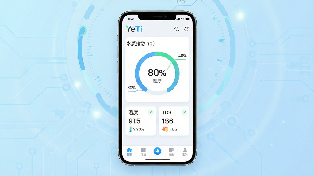 ���壺YeTi����������չʾ���ֻ���Ļ��ʾҺ���������Ǳ��̣�����Ϊ����ɫ�Ƽ��н��䡣���֣����й�ͼ���ֻ�ģ��ռ����60%����Χ���ס��Ű棺����Ԫ���������������ΰٷֱ�ͼ����ʵʱ���ݿ�Ƭ���ײ�����������񣺱�ƽ����ƣ��ִ���Լ��ɫ�����졣ϸ�ڣ��������ֱ�ע��YeTi��LOGO����ˮ��ָ�������¶ȡ���TDS���Ȳ�����ͼ���������������ʣ�������Ⱦ���ɾ��޶���Ԫ�ء�