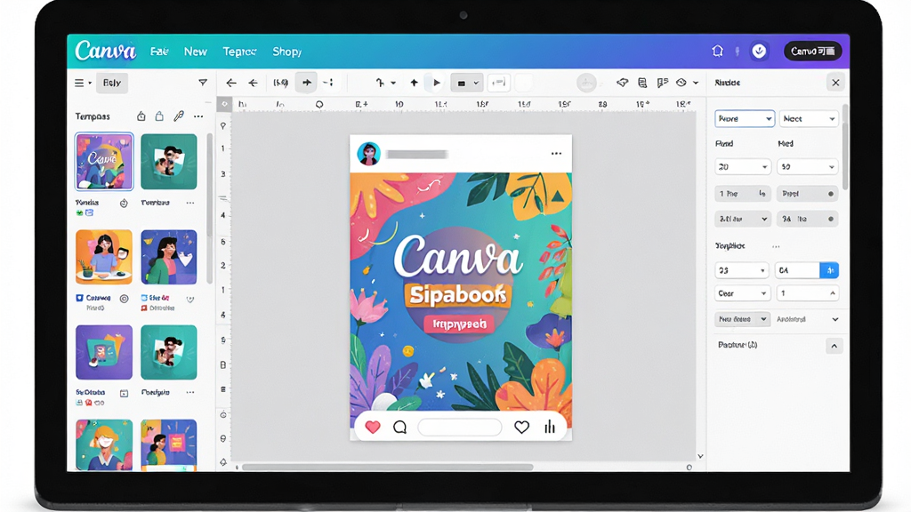 ���壺Canva��������չʾ��������Ļ����ʾCanva��ƹ���̨�����ģ��⣬�м仭�����Ҳ�������壬��ͼ�����жԳƣ���������һ��ɫ�ʷḻ���罻ý�庣��ʾ�����Ű棺�����������Ϸ���Canva logo�Ͳ˵���������ִ���ƽ����ɫ��������ϸ�ڣ�����Ԫ�ؾ�ϸ�����ֱ�ǩ��Canva�ɻ��������ʣ�4k���壬�ɾ����޶���Ԫ��