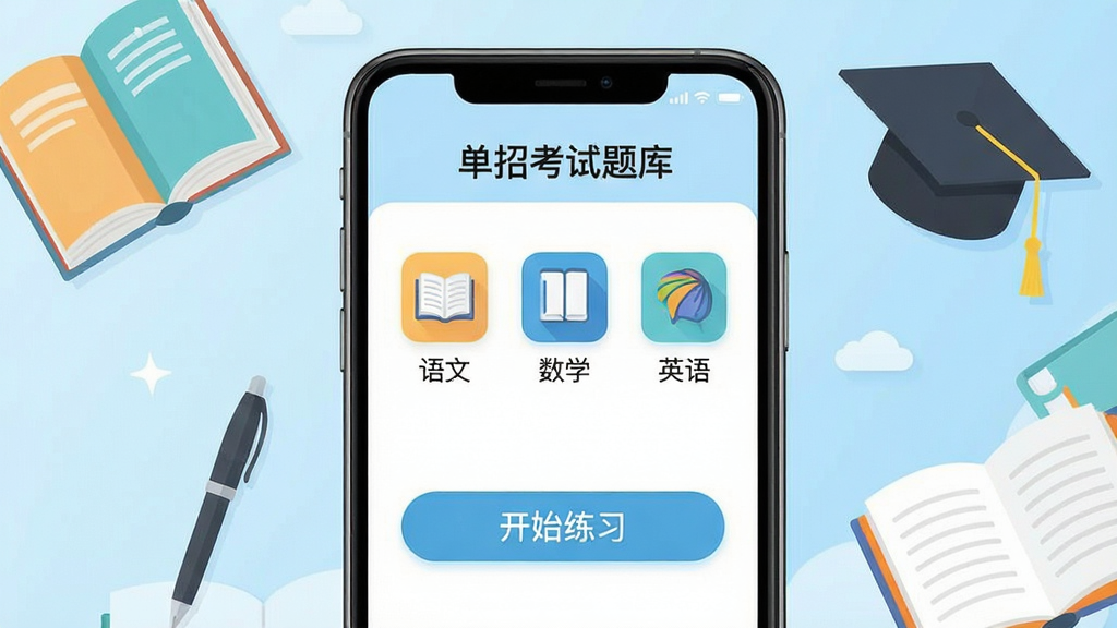 ��������Ϊһ�������ֻ���Ļչʾ�����п�����⡱APP���棬�������С����ġ�����ѧ����Ӣ��ȿ�Ŀͼ��͡���ʼ��ϰ����ť������Ϊ����ɫ���䣬�����鱾���ʡ�ѧʿñ��ѧϰԪ�أ����岼�־��У���ƽ�����ɫ���������£�ϸ�ڷḻ�����ʸ���ɾ����޶���Ԫ�ء�