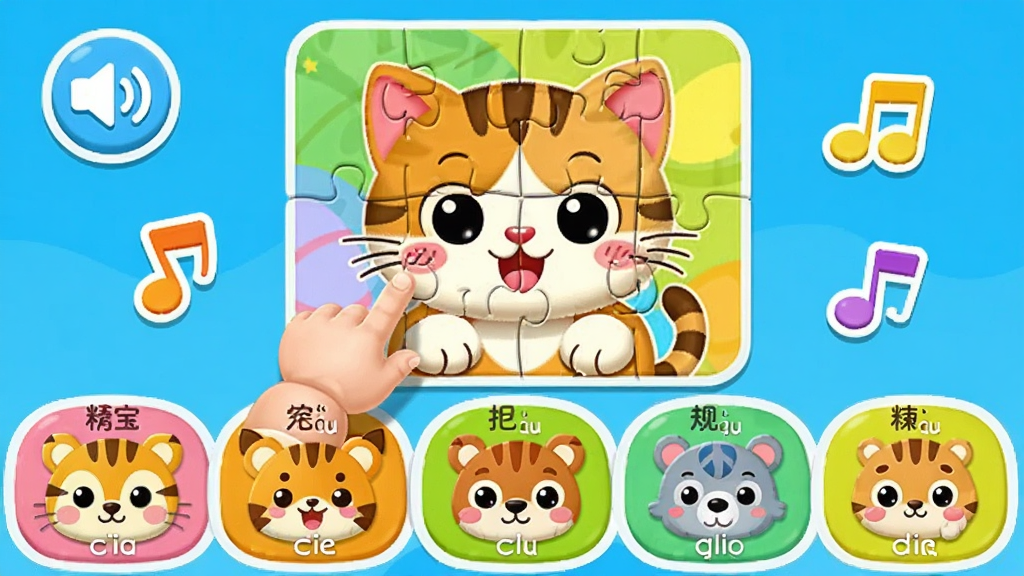 ����ƴͼ���������������棬����������ƴ�õ�Сè��ƴͼ��è����Χ������ͼ����������ţ��·���һ�ſ�ͨ����ͷ��ÿ��ͷ�����к��ֺ�ƴ����ע������С�������è��ͷ�񣬽�������ÿɰ������ֺ�����ɫ�����ޣ����ʸɾ��޶���Ԫ��
