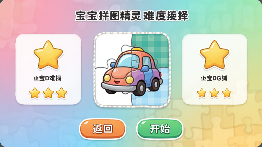 ����ƴͼ�����Ѷ�ѡ����棬������չʾ�����Ѷ�ѡ��ֱ�������������ʾ�������ǽ���ɫ��������һ����ͨС����ƴͼʾ�����ײ��з��غͿ�ʼ��ť�����������ˣ�������£�ϸ�ڰ����Ѷȱ�ʶ�Ϳ�ͨͼ�꣬���ʸɾ��޶���Ԫ��