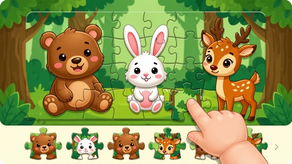 ����ƴͼ����ɭ�ֶ�������ƴͼ���棬�������к�̬�����С�ܡ�С���Ӻ�С¹��ƴͼ�飬����ƴͼ����ƴ�ã�������ָ����קһ��ƴͼ��λ�����������ⰻȻ��ɭ�֣������ܰ��ͨ����������չʾƴͼ������·���ѡƴͼ�飬ϸ�ڷḻ�����ʸɾ��޶���Ԫ��