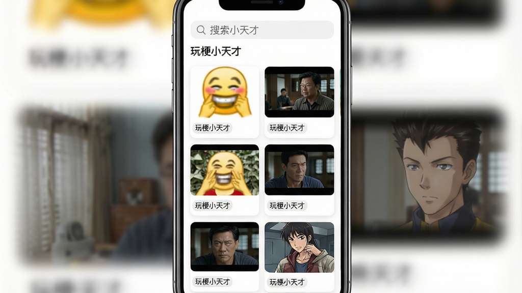 主体:玩梗小天才应用内的海量梗图库界面,布局:手机竖屏展示,顶部搜索栏,下方瀑布流式梗图列表,排版:梗图以大小不一的卡片形式错落排列,每张卡片下方标注热门标签,风格:现代简洁UI设计,明亮背景,细节:屏幕中显示“玩梗小天才”应用名称,梗图包含各类表情包、影视截图、动漫人物等,画质:清晰锐利,干净,无多余元素