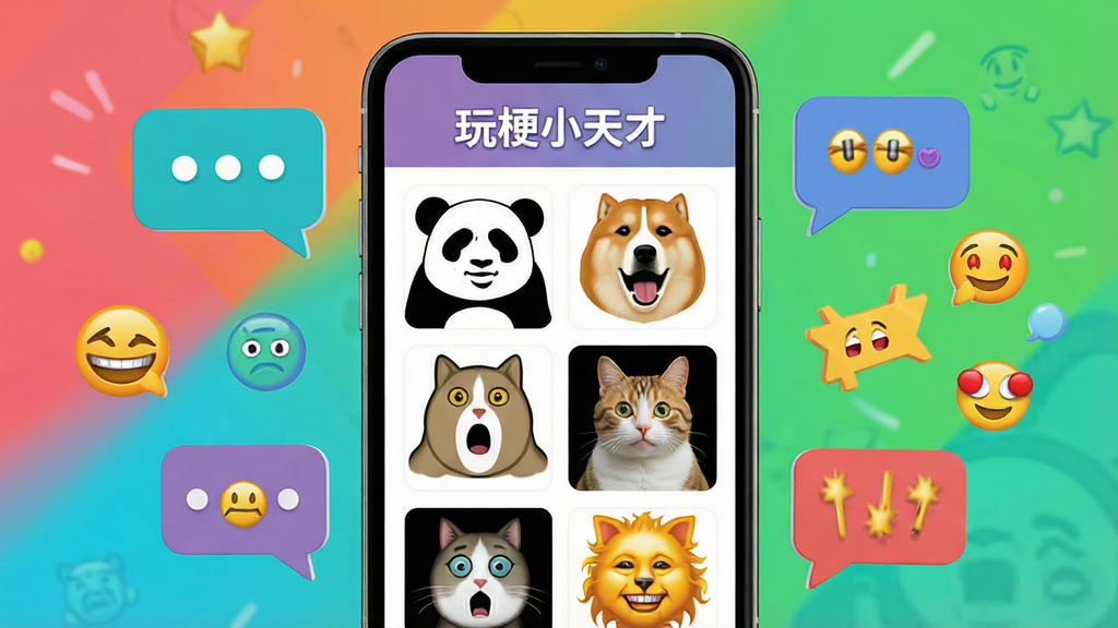 主体:手机屏幕展示玩梗小天才应用界面,界面中呈现各类热门梗图和表情包素材库,布局:中央大屏手机模型,周围环绕着气泡对话和表情符号,排版:手机屏幕内以网格布局排列各种梗图缩略图,上方有应用名称“玩梗小天才”字样,风格:扁平化设计,色彩鲜艳活泼,细节:表情包图案清晰可辨,包括熊猫头、狗头、震惊猫等经典形象,画质:高清渲染,干净,无多余元素