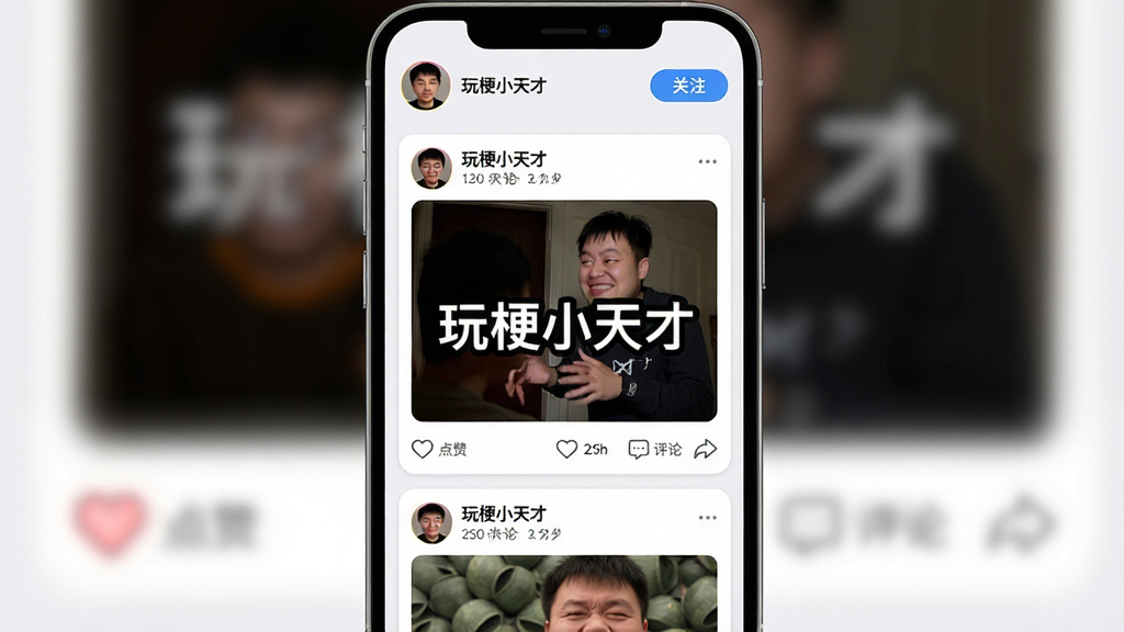 主体:玩梗小天才的社区页面,布局:手机竖屏展示,顶部有用户头像和关注按钮,下方为信息流卡片,排版:卡片式布局,每张卡片包含用户创作的梗图、点赞数、评论数,风格:社交软件风格,色彩明快,细节:屏幕中央显示“玩梗小天才”字样,卡片中有各种搞笑图片和互动数据,画质:高清,干净,无多余元素