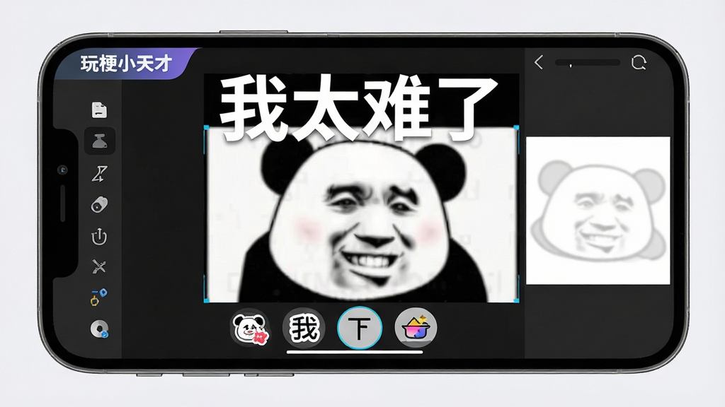 主体:玩梗小天才的智能编辑界面,布局:手机横屏显示编辑工作区,左侧工具栏,右侧预览画布,排版:画布上有一张熊猫头表情包,上方添加了白色大字“我太难了”,下方有贴纸、文字、滤镜等图标按钮,风格:专业但友好的编辑界面,细节:应用名称“玩梗小天才”显示在顶部角标,画质:精细,干净,无多余元素