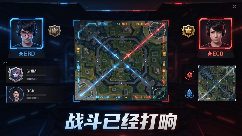 ���壺���˶�ս���ؽ��棬��ʾ���ͷ�񡢶�λ�͵�ͼԤ�������֣������ǵ�ͼ�������������Ϣ���Ű棺��λͼ����Ŀ���ײ��С�ս���Ѿ����족�ı����񣺵羺�磬��ɫ����������ƹ⡣ϸ�ڣ����ͷ��򡢶�λ���¡���ͼ���ߡ����ʣ�1080P���壬����ɾ����޶���Ԫ�ء�