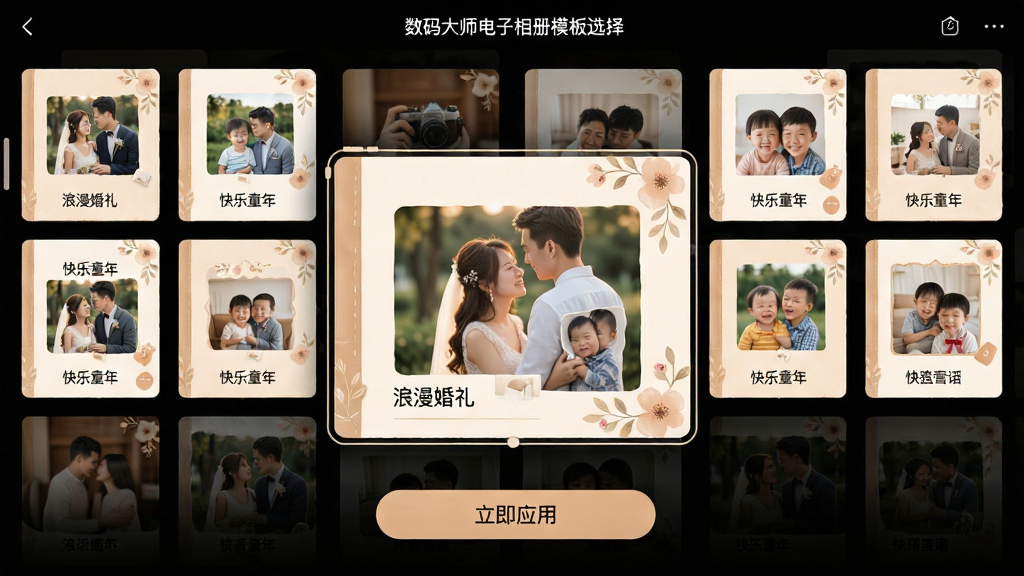 ���壺�����ʦ�������ģ��ѡ����棬չʾ��������������ͼ�����֣�����״���е�ģ�忨Ƭ��������ʾѡ��ģ��Ĵ�ͼԤ�����ײ��С�����Ӧ�á���ť���Ű棺��Ƭ������ȣ����ֱ�ǩ���������������ͣ�ůɫ����ϸ�ڣ�ÿ��ģ�忨Ƭ�ϱ�ע���ƣ��硰�������񡱡�����ͯ�ꡱ��Ԥ��ͼ�а�����Ƭ��װ��Ԫ�أ����ʣ�ϸ��ɾ����޶���Ԫ�ء�