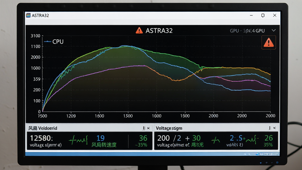 ���壺������Ļ��ʾASTRA32�������¶ȼ�ؽ��棬����ͼչʾCPU��GPU�¶ȱ仯�����֣������������¶�����ͼ���·��з���ת�ٺ͵�ѹ���ݡ��Ű棺ͼ��������������ɫ���ֲ�ͬӲ��������ʵʱ���¡���񣺿Ƽ��У����ݿ��ӻ���ϸ�ڣ��¶�����ƽ�����С�ASTRA32�������;�ʾͼ�ꡣ���ʣ����壬�ɾ����޶���Ԫ�ء�