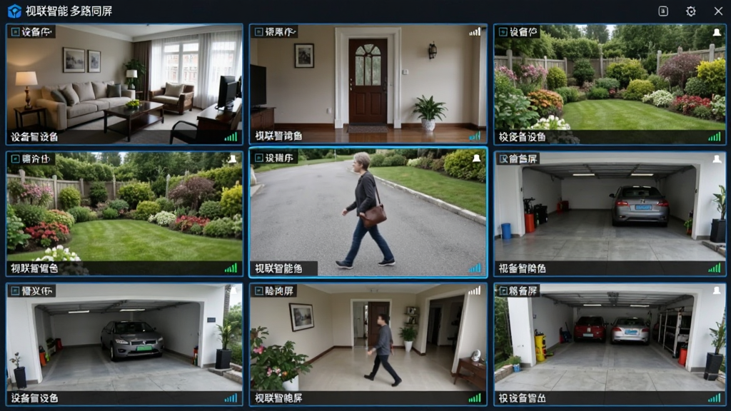 ��������Ϊ��������APP�Ķ໭���ؽ��棬��Ļ������������9��ʵʱ��ش��ڣ�ÿ��������ʾ��ͬ�������������ſڡ���԰������ȣ�������Ϊ����״�����Ĵ��ڸ����Ŵ���ʾһ�������߶������ˡ��Ű���������ڱ�Ե����ɫ�����߿򡣷��Ϊдʵ��Ļ��ͼ���ϸ�ڰ���ÿ�����ڵײ����豸���Ʊ�ǩ���źű�ʶ������Ҫ����塢�ɾ����޶���Ԫ�أ�ͼƬ��������ʾΪ���������� ��·ͬ����