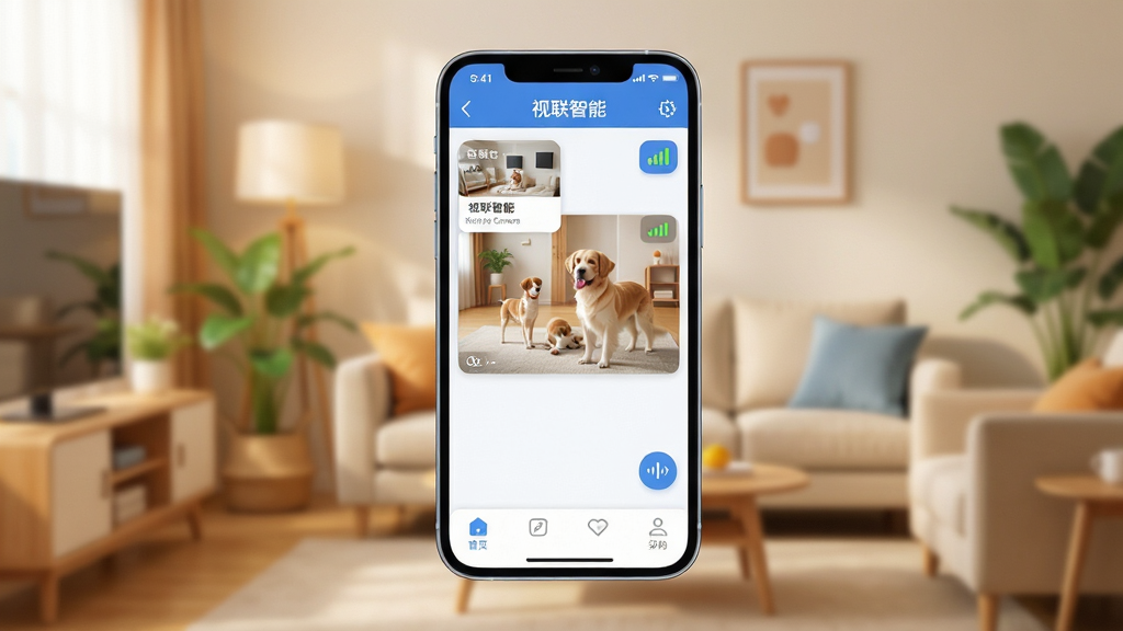 ��������Ϊһ�������ֻ���������ܰ��ͥ���������У���Ļ��ʾ��������APP��ʵʱ��ػ��棬�������������ļ�ͥ����Ӱ�񡣲��ֲ����ֻ����С������黯������ͻ��APP����Ԫ�ء��Ű����ִ�������ͼ��Բ�󡣷��Ϊ��ƽ�����������ɫ��������Ϊ����ϸ�ڰ�����Ļ�е�����ͷ�б����ź�ǿ��ͼ�ꡢ�ײ�������������Ҫ����塢�ɾ����޶���Ԫ�أ�ͼƬ��������ʾΪ���������ܡ�