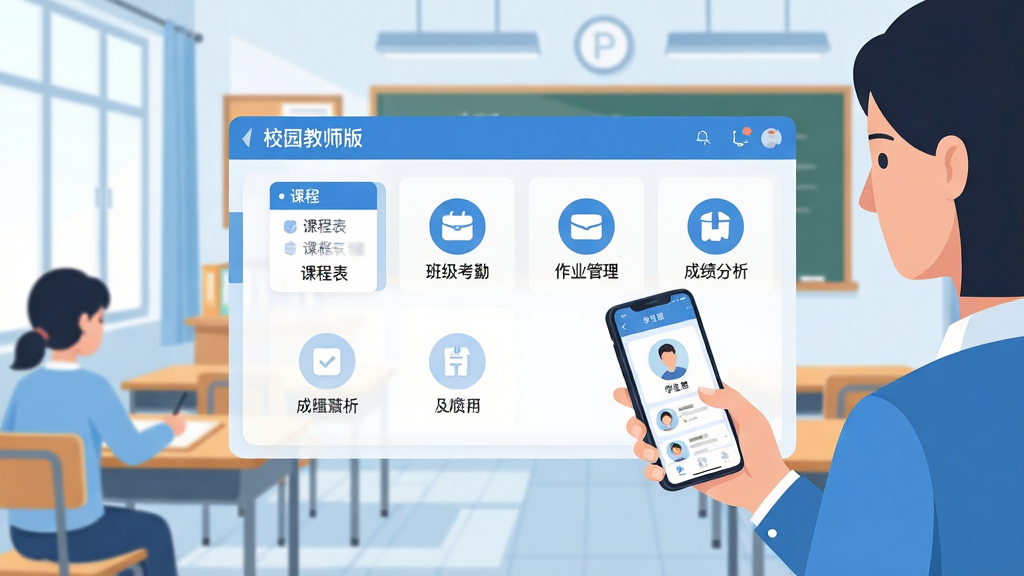 画面中央展示“校园教师版”软件主界面,界面包含课程表、班级考勤、作业管理、成绩分析等模块图标,背景为明亮整洁的教室,教师手持手机正在查看学生信息,整体风格清新简约,扁平化设计,色彩以蓝色和白色为主,画质清晰干净,无多余元素。