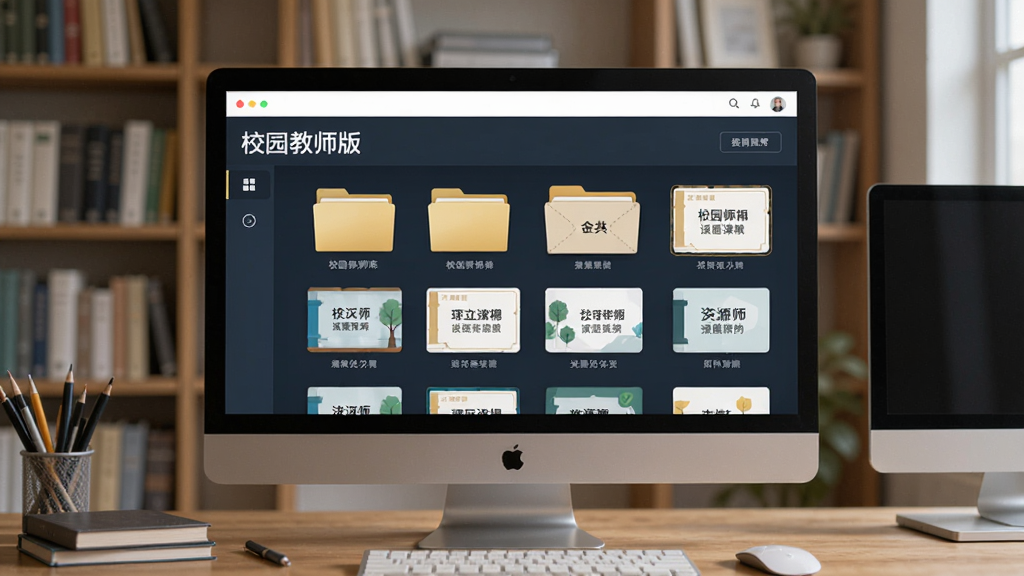 展示“校园教师版”资源库界面,屏幕上显示文件夹和课件缩略图,背景是书架和电脑,风格简约,细节丰富,画质高清,无多余元素。