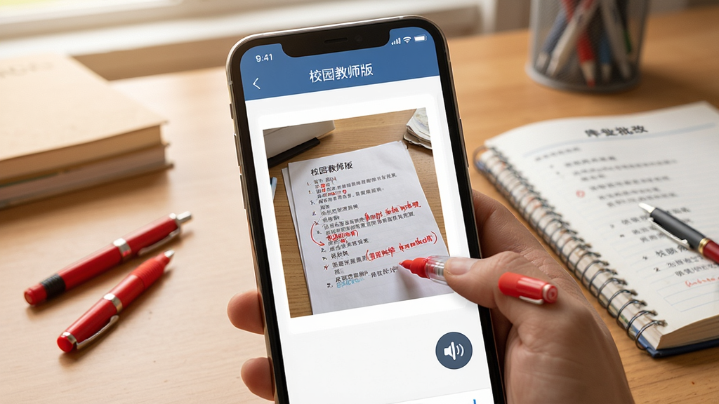 展示“校园教师版”作业批改界面,手机屏幕上显示学生作业照片和红色批注笔迹,旁边有语音点评图标,背景是教师办公桌,有红笔和作业本,风格温馨写实,细节丰富,画质清晰,无多余元素。