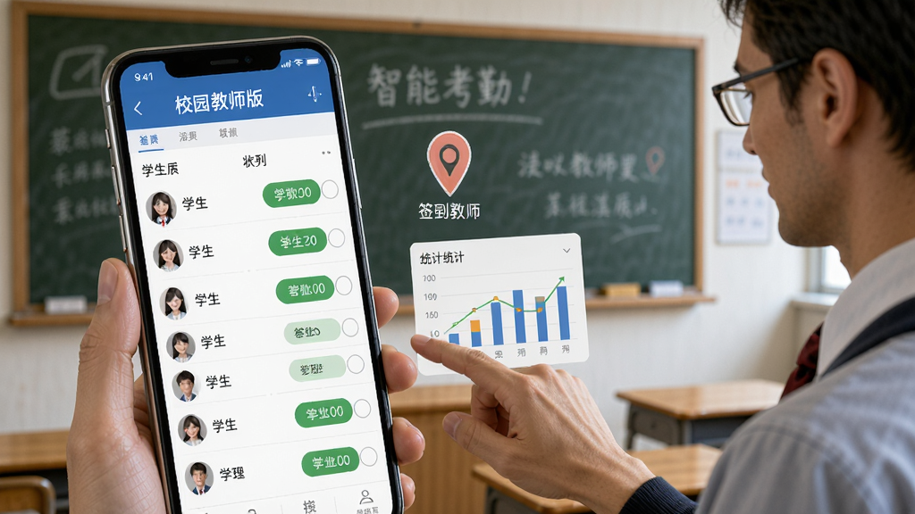 展示“校园教师版”智能考勤功能界面,手机屏幕上显示学生名单和签到状态,旁边有定位图标和统计图表,背景是教室黑板,教师正在点击屏幕,风格写实,细节丰富,画质高清,无多余元素。