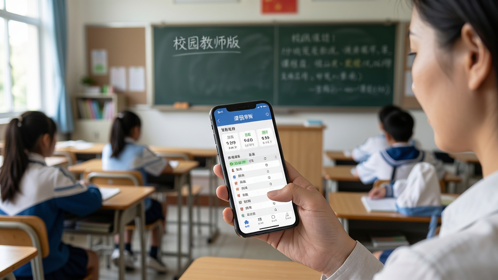 展示“校园教师版”使用场景,教师正在教室中使用手机操作应用,屏幕显示课程表界面,背景是学生课桌和黑板,风格自然写实,画质清晰,无多余元素。