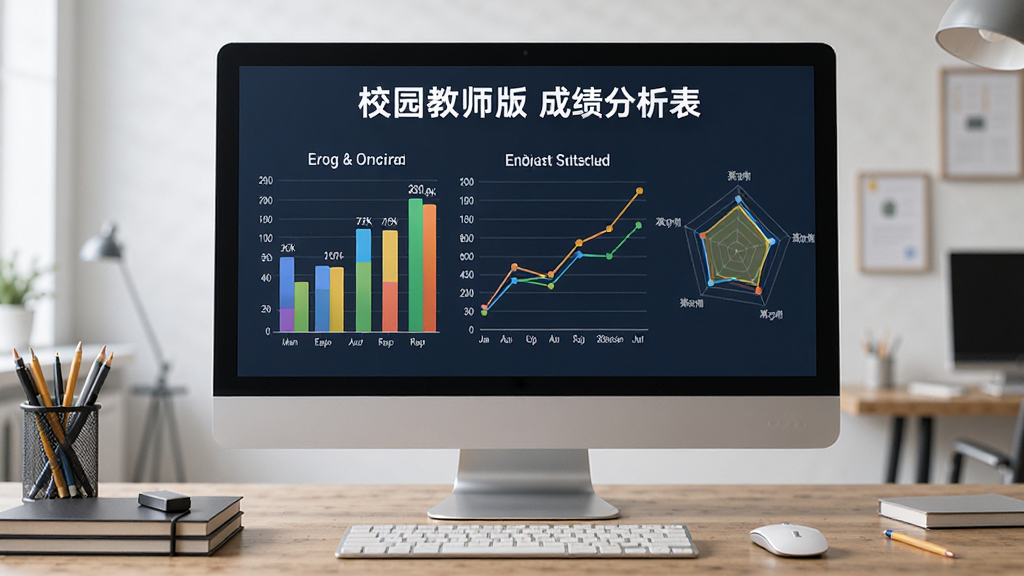 展示“校园教师版”成绩分析图表,屏幕上有柱状图、折线图和雷达图,颜色鲜艳,背景是电脑屏幕和办公桌,风格商务简约,细节丰富,画质高清,无多余元素。
