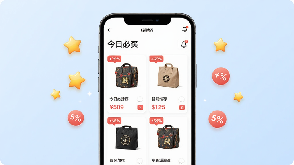 ����Ϊ�����϶ࡱAPP�������Ƽ�ҳ�棬�ֻ���Ļ���У�ҳ�涥����ʾ�����ձ��򡱱��⣬�·������Ŷ����Ʒ��Ƭ��ÿ�ſ�Ƭ��ʵ��ͼ�ͺ�ɫ�۸��ǩ���ֻ�����Ư�������ǡ��ۿ۰ٷֱȵ�Сͼ�꣬Ӫ���Ƽ���Χ������Ϊǳ��ɫ���䣬����Լ�ִ���ϸ�ڷḻ�����ʸɾ����޶���Ԫ��