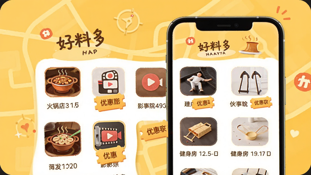 ����Ϊ�����϶ࡱAPP�ı�������Ƶ��ҳ�棬�ֻ���Ļչʾ�����̼��б����л���ꡢ��ӰԺ����������ͼ�꣬ÿ���̼�����ʾ�Ż�ȯ��ʶ������Ϊů��ɫ���������ͼ���������������ܰ���ã�����ɾ����޶���Ԫ��