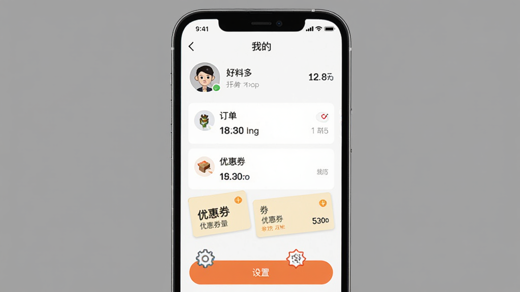 ����Ϊ�����϶ࡱAPP�ġ��ҵġ�ҳ���ͼ���ֻ���Ļ��ʾ�û�ͷ�񡢶����б����Ż�ȯ������ģ�飬ҳ��ײ��С����á���ť������Ϊ����ɫ�����ɾ���ˬ��ϸ�����������ʸɾ����޶���Ԫ��