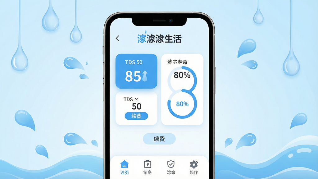 ���壺����APP����չʾ���ֻ���Ļ����ʾ��ˮ��������ҳ�棬�Ϸ���Ʒ��logo������ĸ��֣��м���ˮ����ֵ��Ƭ����о�������Ȼ����ײ��ǹ���ͼ���������֣��ֻ����У�����Ϊǳ��ɫ���䣬��Χ��ˮ�κͲ���װ�Σ��Ű棺������Ϣ�㼶��������ƬԲ��ͼ���ࣻ����ִ���ƽ����������Ȼ��ɫ��������Ϊ����ϸ�ڣ�ˮ����ֵ��ʾ��TDS 50������о����Ϊ��80%���������С����ѡ���ť�����ʣ�������Ⱦ���ɾ����޶���Ԫ�ء�