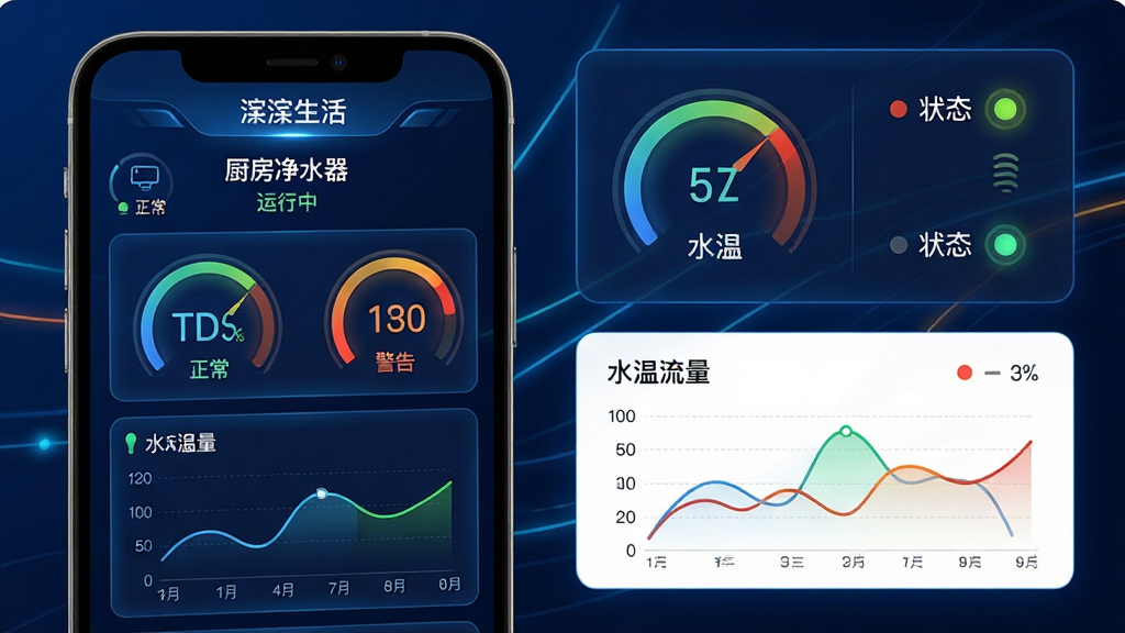 ���壺����APP���豸�������棬�ֻ���Ļ��ʾ��ˮ��ʵʱ������壬����TDSֵ��ˮ�¡�����ͼ�������֣��ֻ���࣬�Ҳ��зŴ�����ݿ�Ƭ��״ָ̬ʾ�ƣ��Ű棺�������Ǳ��̺�����ͼ��ʽ���֣���ɫ���������뾯�棻��񣺿Ƽ��У���������������������ϸ�ڣ���Ļ�Ϸ��С�����������豸���ơ�������ˮ������״̬Ϊ�������С������ʣ��������ȣ��ɾ����޶���Ԫ�ء�