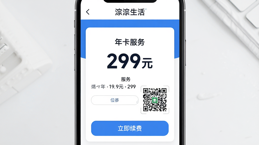 ���壺����APP������ҳ�棬��ʾ�����ײ������֧����ά�룻���֣��ֻ���Ļ���룬�ײͼ۸�����Ŀ������ʾ���·���֧����ť���Ű棺������񣬰�ɫ��������ɫ��ť�������ʽ����������ϸ�ڣ��ײ����ơ��꿨���񡱣��۸�299Ԫ�����С��������ѡ���ť�������С�������������ʣ��߱��棬�ɾ����޶���Ԫ�ء�