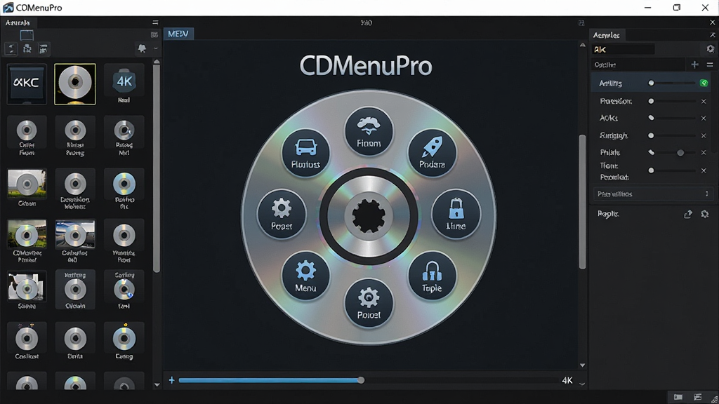 ���壺һ����Ϊ��CDMenuPro���Ĺ��̲˵������������棬չʾ������Ļ�ϡ����֣����Ϊ�زĿ⣬�м�Ϊ�˵��༭�������Ҳ�Ϊ���Ե�����壬��������һ��������״�����˵����������Բ�ΰ�ť���Ű棺���������ɫ���⣬�˵���ť�������룬�Ϸ��С�CDMenuPro������������ִ��Ƽ��У���ƽ����ƣ�ϸ�ڣ���ť����Сͼ������֣������ײ��н����������ʣ�4K���壬�ɾ����޶���Ԫ�ء�