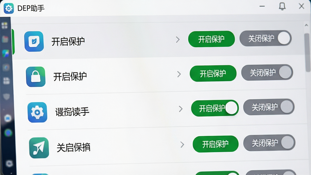 ������д��DEP���֡������Ĳ��Թ������棬����ΪӦ���б���ÿ��Ӧ���Ҳ��С������������롰�رձ���������ɫ���ɫ�������أ������������Ű����򣬷���ִ���Լ��ϸ�ڷḻ������ϸ�壬�ɾ��޶���Ԫ��