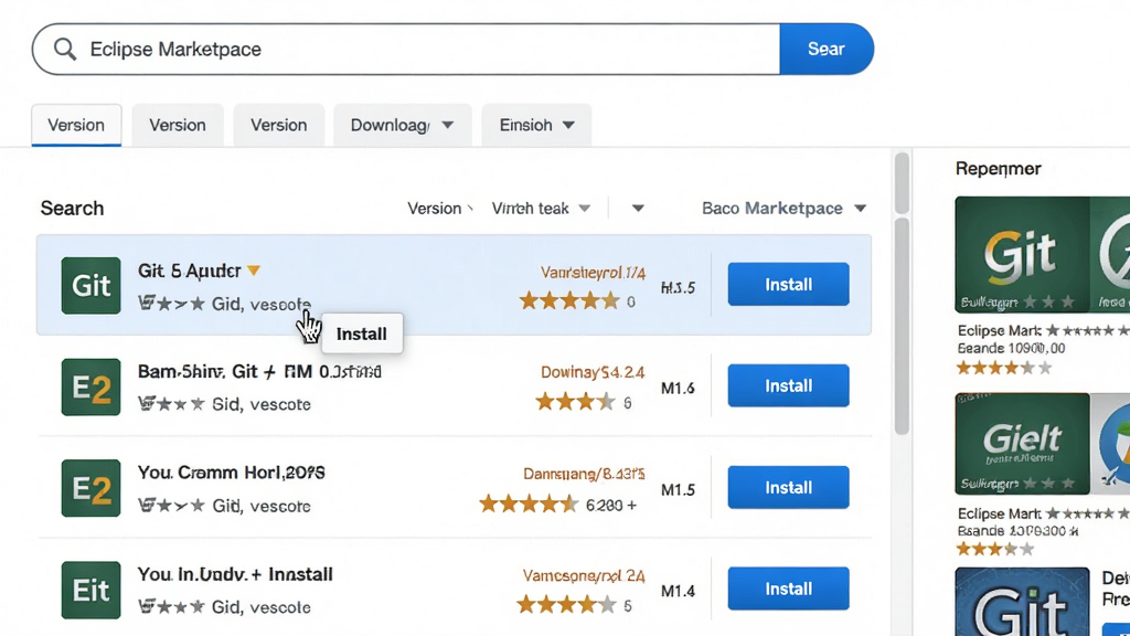 ���壺Eclipse Marketplace �����װ���棬չʾ��������Git����Ĳ���б�������������ơ��汾�����ּ���Install����װ��ť�����֣�����Ϊ�����������б�������Ϊ�����������ɸѡ��ǩ���Ҳ�Ϊ���Ų���Ƽ������Ű棺��ˬ���б����֣�ÿ�в����Ϣ�������Ǽ�������������ֱ�ۿɼ���������������� UI �����ɫ������ťͻ����ϸ�ڣ����ָ����ͣ�ڵ�һ������ϣ���ʾ��Install��������ʾ�����ʣ����壬����Ԫ���������ɾ��޶���Ԫ�ء�