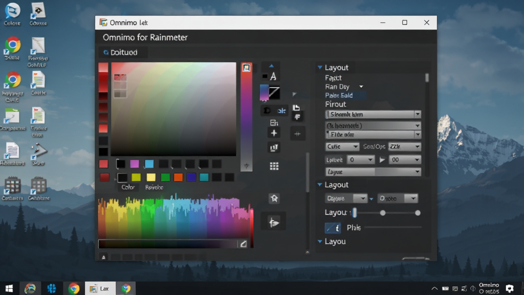 Omnimo for Rainmeter ���Ի����ƽ��棬չʾ�༭�����ڣ�������ɫѡ�������������á����ֵ���ѡ�����Ϊ����Ԥ�������廭�ʣ��ɾ��޶���Ԫ��