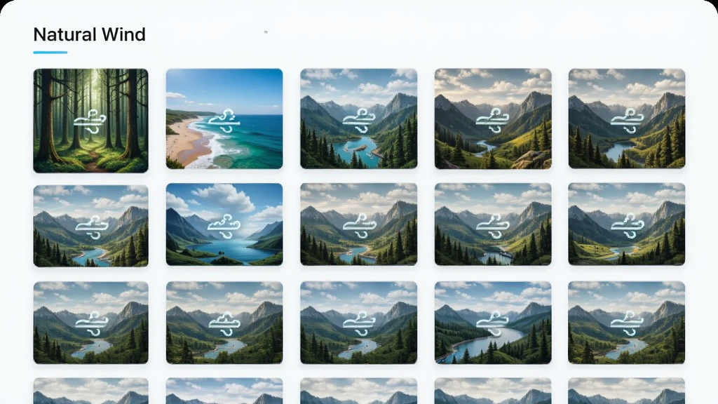 ����Ϊ��Natural Wind���ೡ��ѡ����棬����Ϊ����״���еĳ�����Ƭ��ÿ�ſ�Ƭ���з羰����ͼ�����Ϊ������Ȼ��ϸ��ͻ��ɭ�֡����ߡ�ɽ��ͼ�꣬����ϸ��ɾ����޶���Ԫ�أ��������Ͻ���ʾ��Natural Wind������