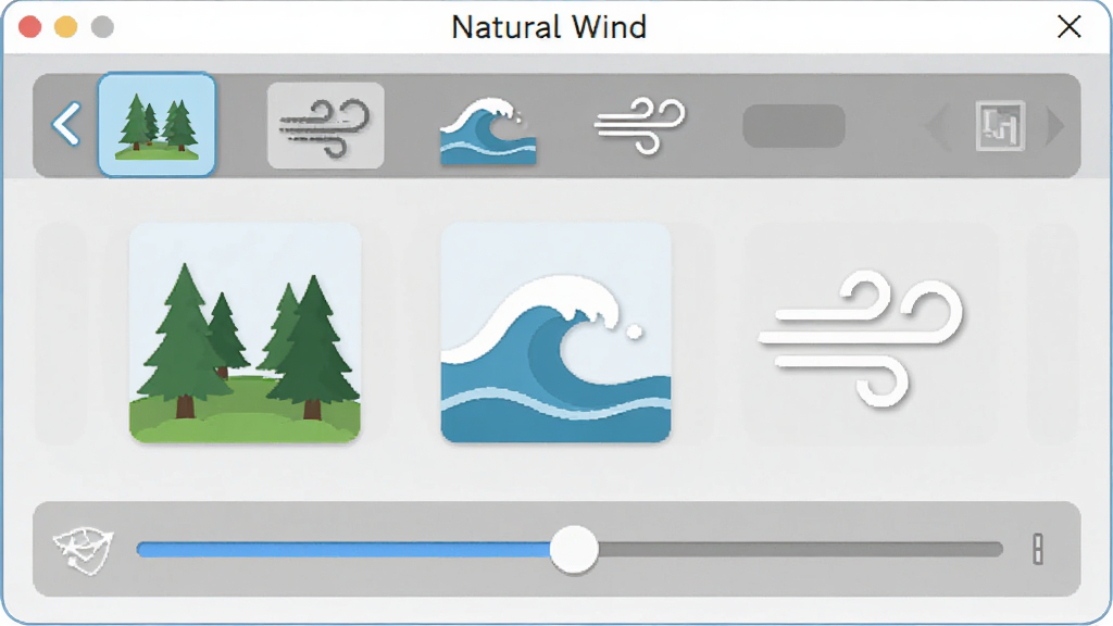 ����Ϊ��Natural Wind����������չʾͼ������Ϊ������ʾ�����ڣ��Ϸ�Ϊ����ѡ�������·�Ϊ�������ڻ��飬���Ϊ��ƽ����ƣ�ϸ�ڰ���ɭ�֡����ˡ�΢���ͼ�꣬���������ɾ����޶���Ԫ�أ��������ֱ�ע��Natural Wind��