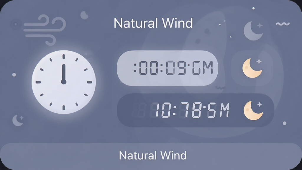 ����Ϊ��Natural Wind����ʱ���ý��棬����Ϊʱ��ͼ����ʱ��ѡ����Ϊ���ҹ��ģʽ��ϸ����ʾ����ʱ������ͼ�꣬���ʸɾ�������ײ���ע��Natural Wind��