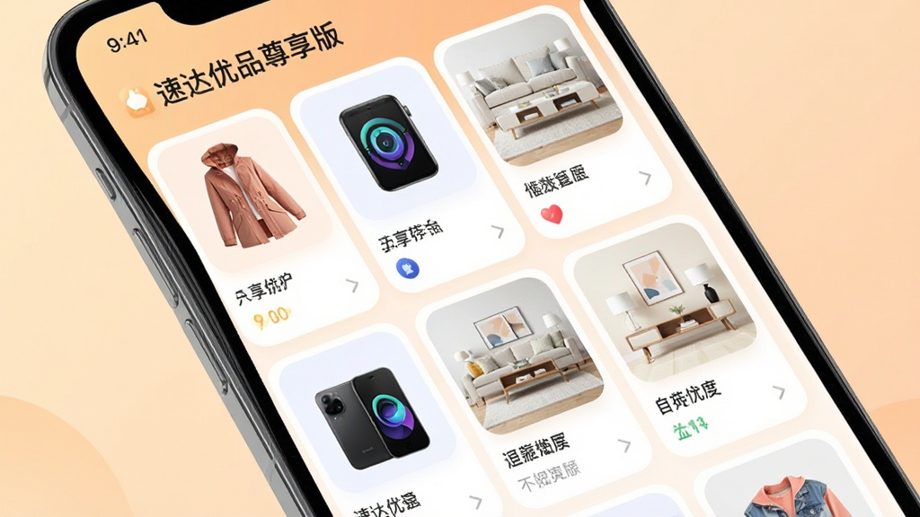 ��������Ϊ�ֻ�APP���ٴ���Ʒ�����桱���Ƽ�ҳ���ͼ����Ļ�����ٲ�����ʽչʾ������Ʒ��Ƭ���������Ρ����롢�Ҿӵ�Ʒ�࣬��Ƭ���Բ���¡�����Ϊ��͵�ǳ��ɫ���䣬�ֻ���΢��б��չ����Ļϸ�ڡ��������������ã��Ű����룬ϸ�ڷḻ�����ʸ��壬�ɾ��޶���Ԫ�ء���Ļ����ʾ���ٴ���Ʒ�����桱������