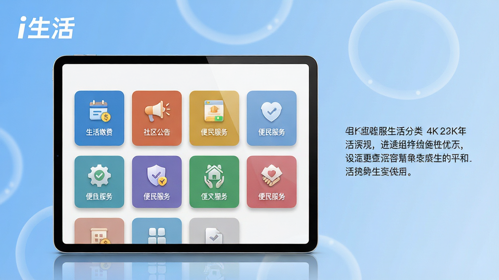 ���壺һ��ƽ����Ժ���չʾi����Ӧ�õķ������ҳ�棬ҳ�����С�����ɷѡ������������桱����������񡱵Ȳ�ɫ��Ƭͼ�꣬ÿ��ͼ���·��ж�Ӧ����˵�������֣�ƽ��������ڻ������룬����Ϊ��͵���ɫ���䣬���ϽǷ��á�i�������Logo���Ű棺��Ƭ������״���У����������Ҳ������հ��������˵�����֡���񣺼������磬ɫ�ʵ��ţ�ע�ع�����չʾ��ϸ�ڣ���Ƭͼ����ƾ�ϸ������΢С��Ӱ����Ļ������Ȼ�����廭��ɾ������ʣ�4K���壬ϸ���������޶���Ԫ�ء�