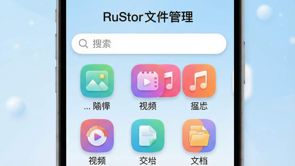 �ֻ�����չʾ��RuStor�ļ������������ܷ���ҳ�棬�Ϸ�Ϊ�������·�������ͼƬ����Ƶ�����֡��ĵ��Ȳ�ɫ����ͼ�꣬ÿ��ͼ���·������ı�ǩ������Ϊ����ɫ���䣬�����������죬ͼ�����Բ�󣬻���������ͻ����Ч�������ܣ��������֡�RuStor�ļ���������ʾ�ڶ������Ű����룬ϸ�ڷḻ���޶���Ԫ�ء�