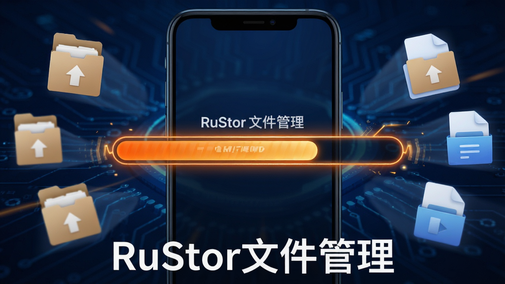 չʾ��RuStor�ļ����������ڽ�ѹһ��ZIPѹ�����Ĺ��̣��ֻ���Ļ������ʾ��ѹ����������Χ������ѹ����ͼ����ļ�ͼ�꣬����Ϊ����ɫ�Ƽ��з�񣬽�����Ϊ��ɫ���������廭�涯�У�ͻ����Чѹ�����������֡�RuStor�ļ���������������Ļ�ײ�������������ϸ�ڷḻ���޶���Ԫ�ء�
