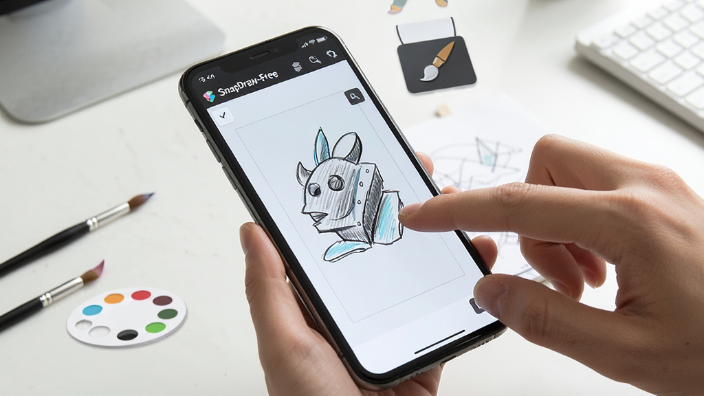 չʾSnapDraw-Free�������ƶ��豸��ʹ�õĳ������ֻ���Ļ��ʾ�����Ļ�ͼ���棬��ָ���ڴ�����Ļ����ͼ�Σ���Χ�л��ʺ͵�ɫ��ͼ�꣬����Ϊ�������棬�����������޶���Ԫ�ء�